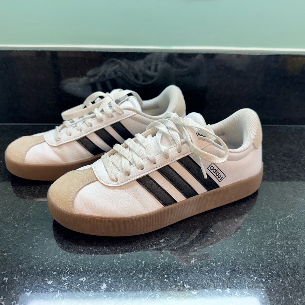 Adidas White and Black Shoes with Tan Soles VL 3 Court Women’s 7